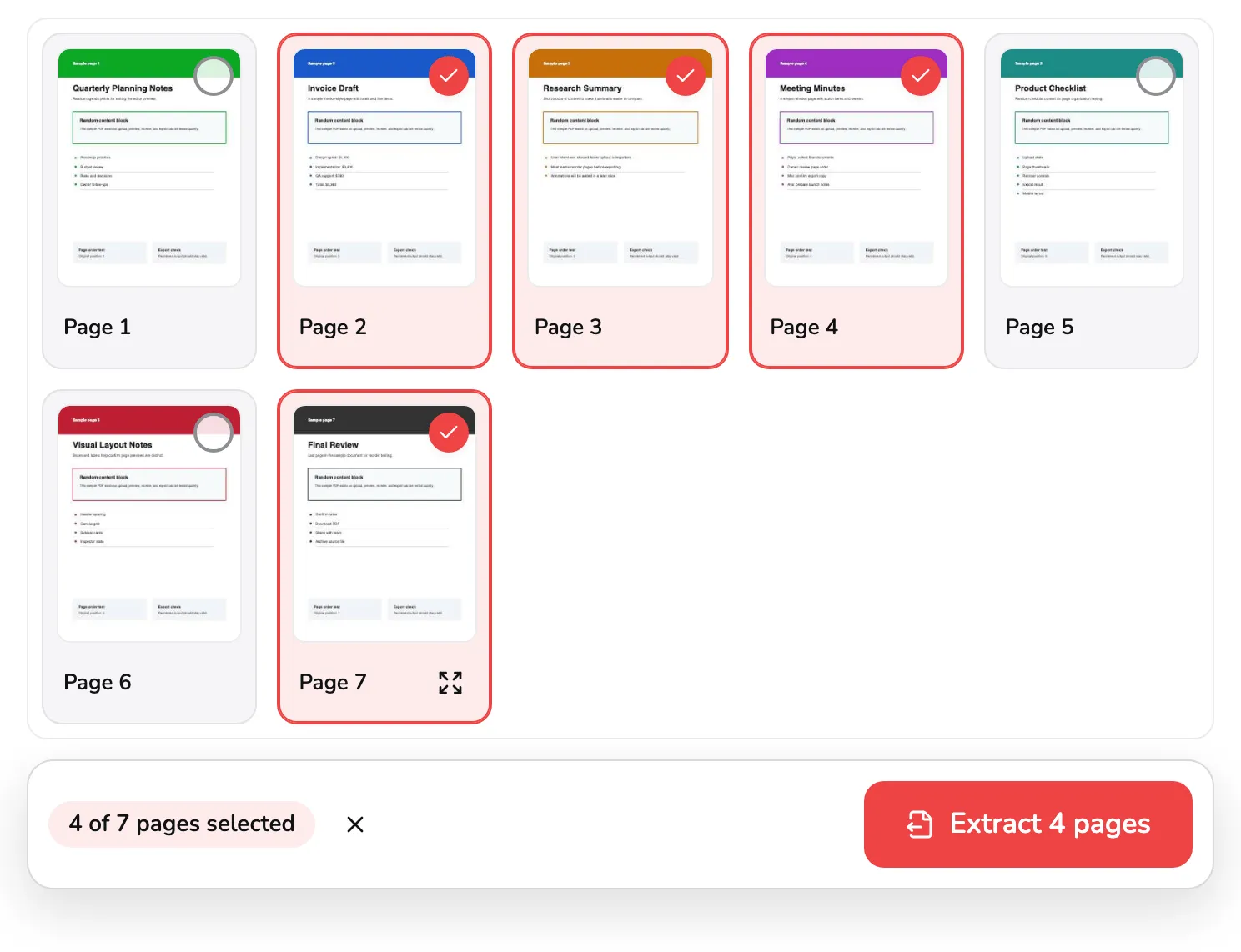 The seven-page grid with pages 2, 3, 4 and 7 selected: marker 1 on page 2's filled check, marker 2 on page 7's Open button, and under the grid the count 4 of 7 pages selected, marker 3, and Extract 4 pages, marker 4.