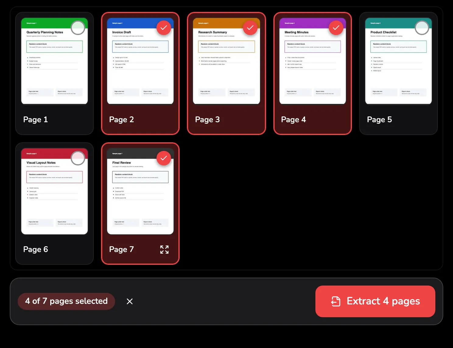 The seven-page grid with pages 2, 3, 4 and 7 selected: marker 1 on page 2's filled check, marker 2 on page 7's Open button, and under the grid the count 4 of 7 pages selected, marker 3, and Extract 4 pages, marker 4.