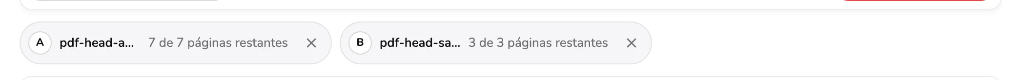 A lista de arquivos de origem com dois arquivos carregados, marcador 1 no selo de letra do primeiro arquivo e marcador 2 no seu botão de remover.