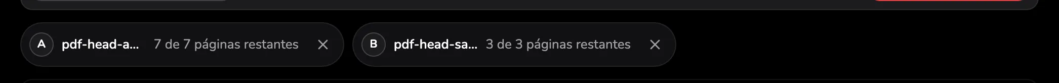 A lista de arquivos de origem com dois arquivos carregados, marcador 1 no selo de letra do primeiro arquivo e marcador 2 no seu botão de remover.