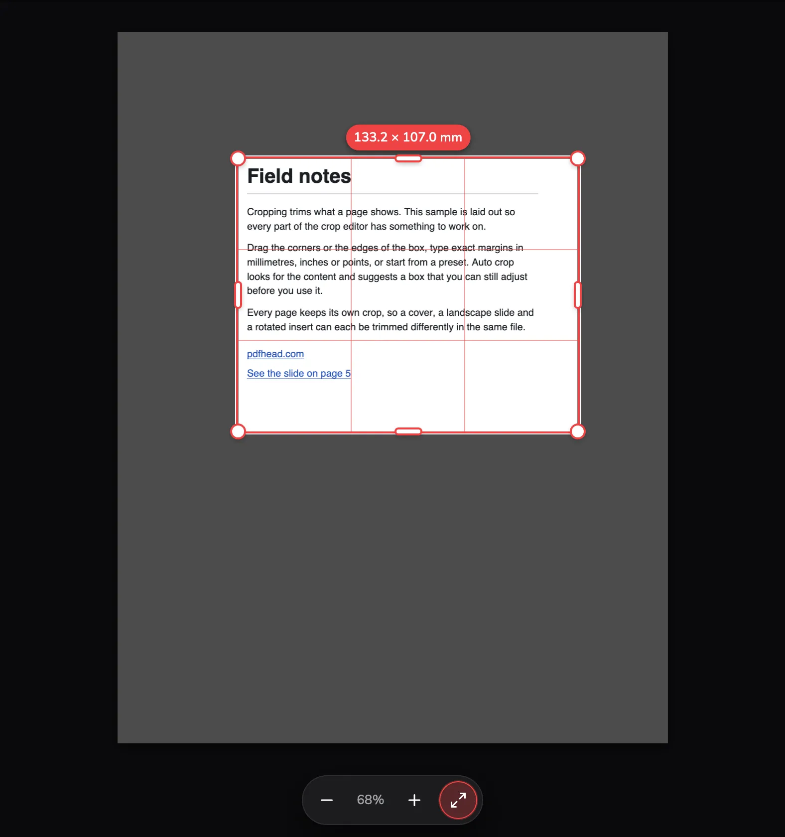 The same page while its bottom-right corner is dragged outwards: the corner marked 1, the size pill above the box reading 133.2 × 107.0 mm marked 2, and the zoom controls marked 3.