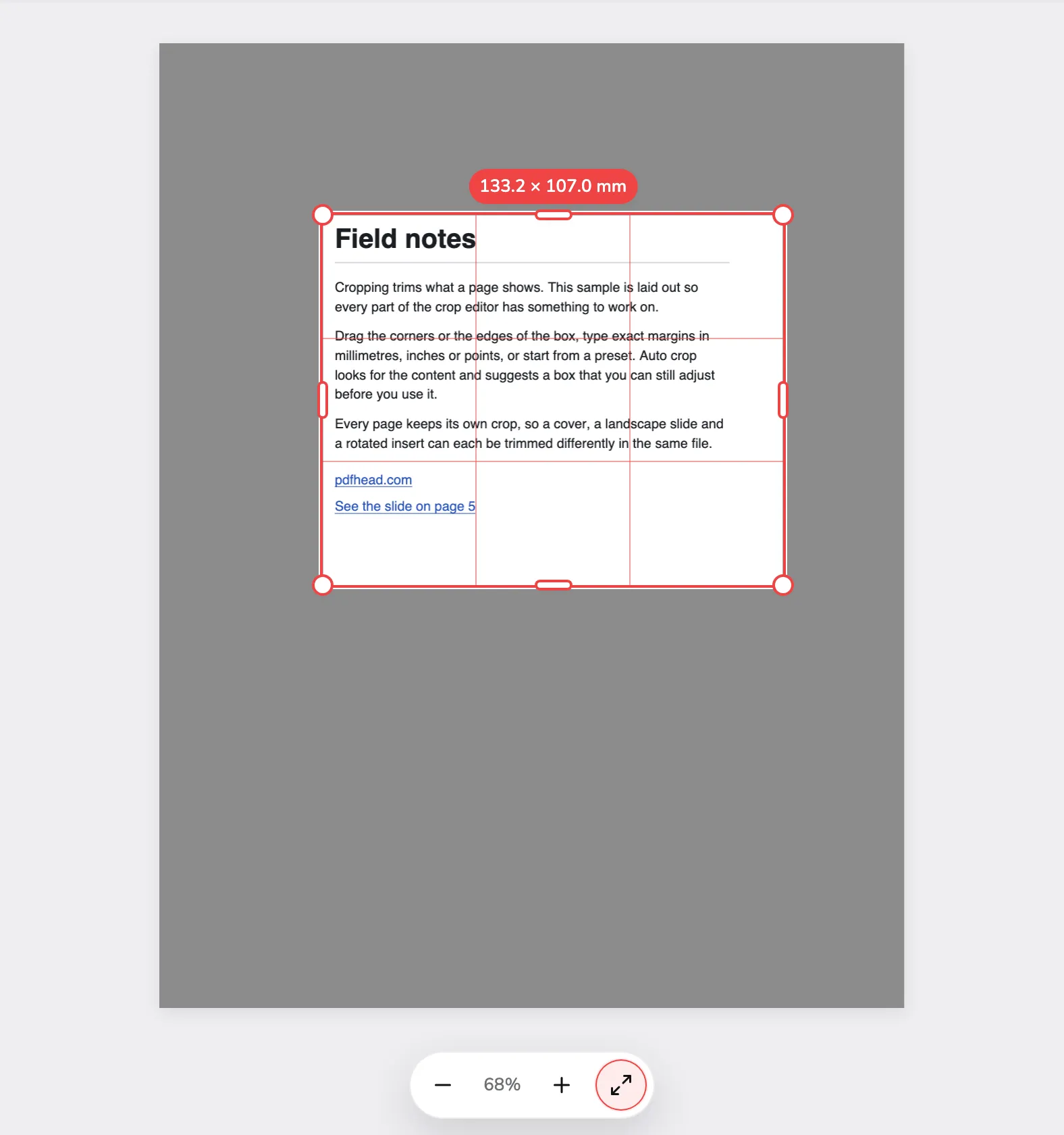 The same page while its bottom-right corner is dragged outwards: the corner marked 1, the size pill above the box reading 133.2 × 107.0 mm marked 2, and the zoom controls marked 3.