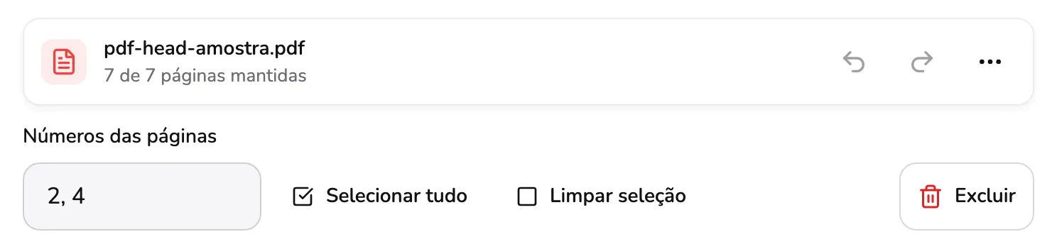 A barra do arquivo com 7 de 7 páginas mantidas acima do campo Números das páginas com 2, 4, com Selecionar tudo e Limpar seleção ao lado, tudo com o marcador 1, e o Excluir da própria linha bem à direita, marcador 2.