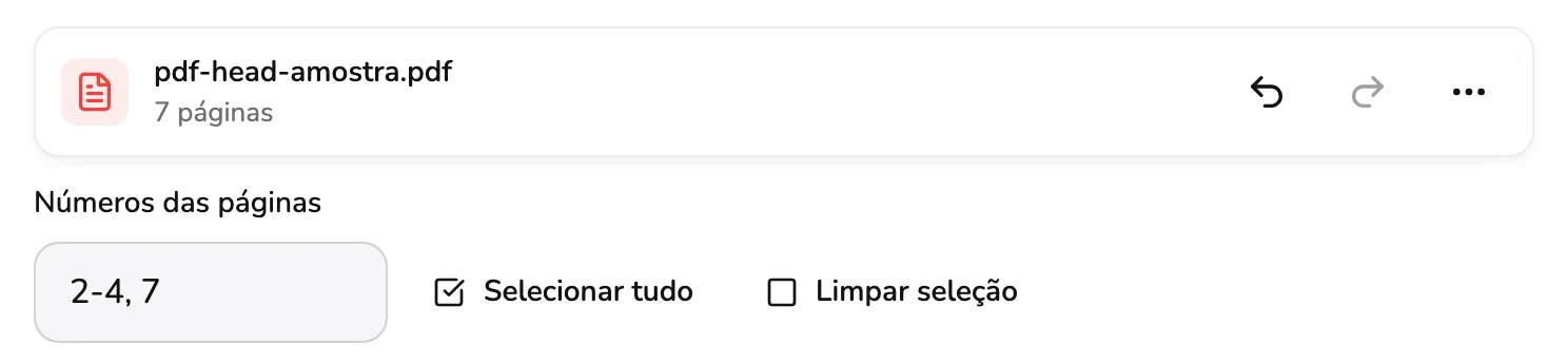 A barra do arquivo com 7 páginas acima do campo Números das páginas com 2-4, 7, e ao lado Selecionar tudo e Limpar seleção, tudo com o marcador 1.