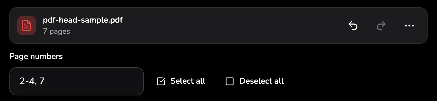 The file's bar reading 7 pages above the Page numbers field holding 2-4, 7, with Select all and Deselect all beside it, all marked 1.