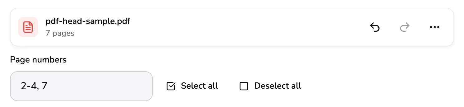 The file's bar reading 7 pages above the Page numbers field holding 2-4, 7, with Select all and Deselect all beside it, all marked 1.