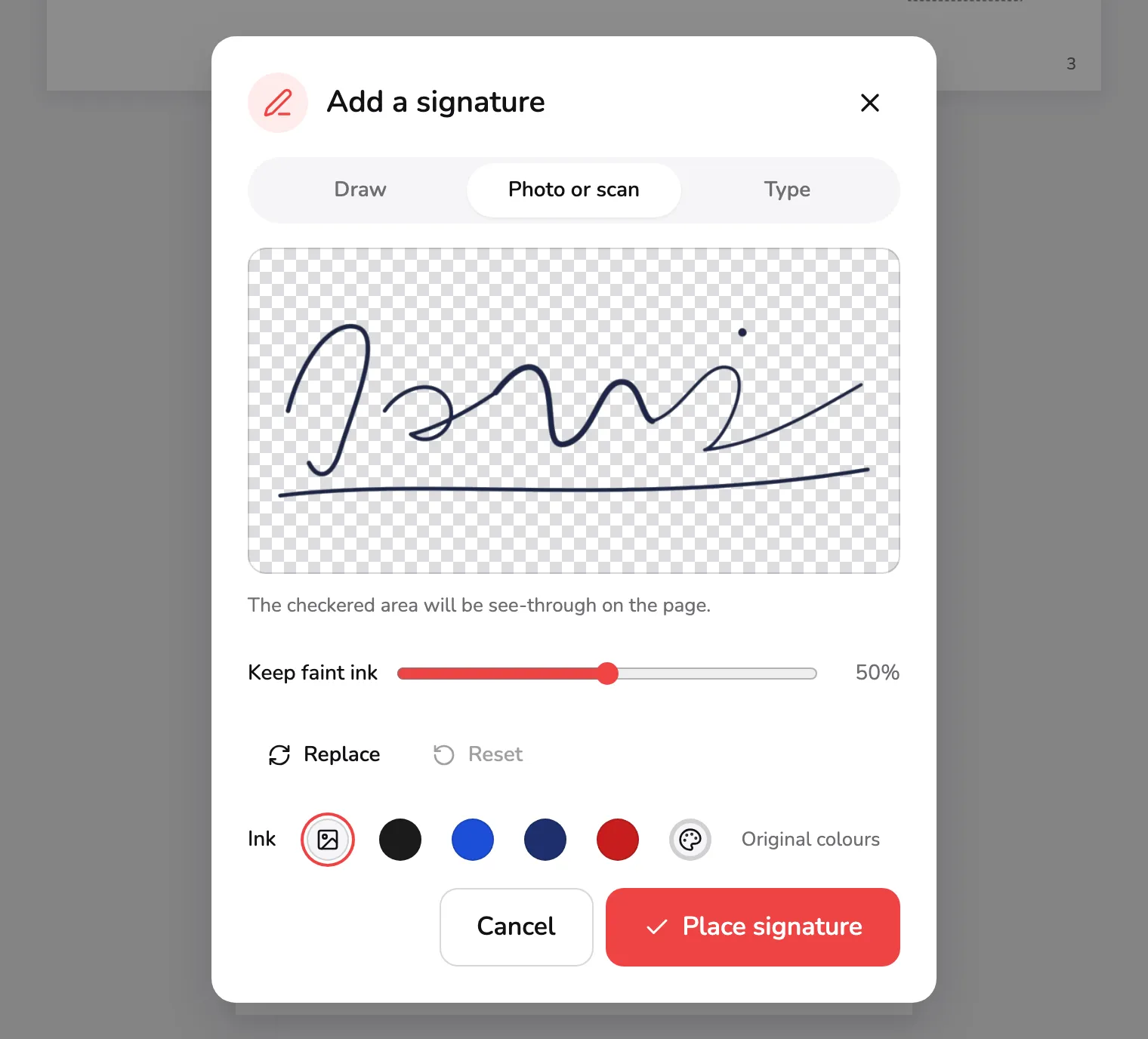 The same dialog on Photo or scan after the sample photo loaded: the signature with its paper removed over a checkerboard, marked 1, the Keep faint ink slider marked 2, Replace and Reset marked 3 and the ink row marked 4.