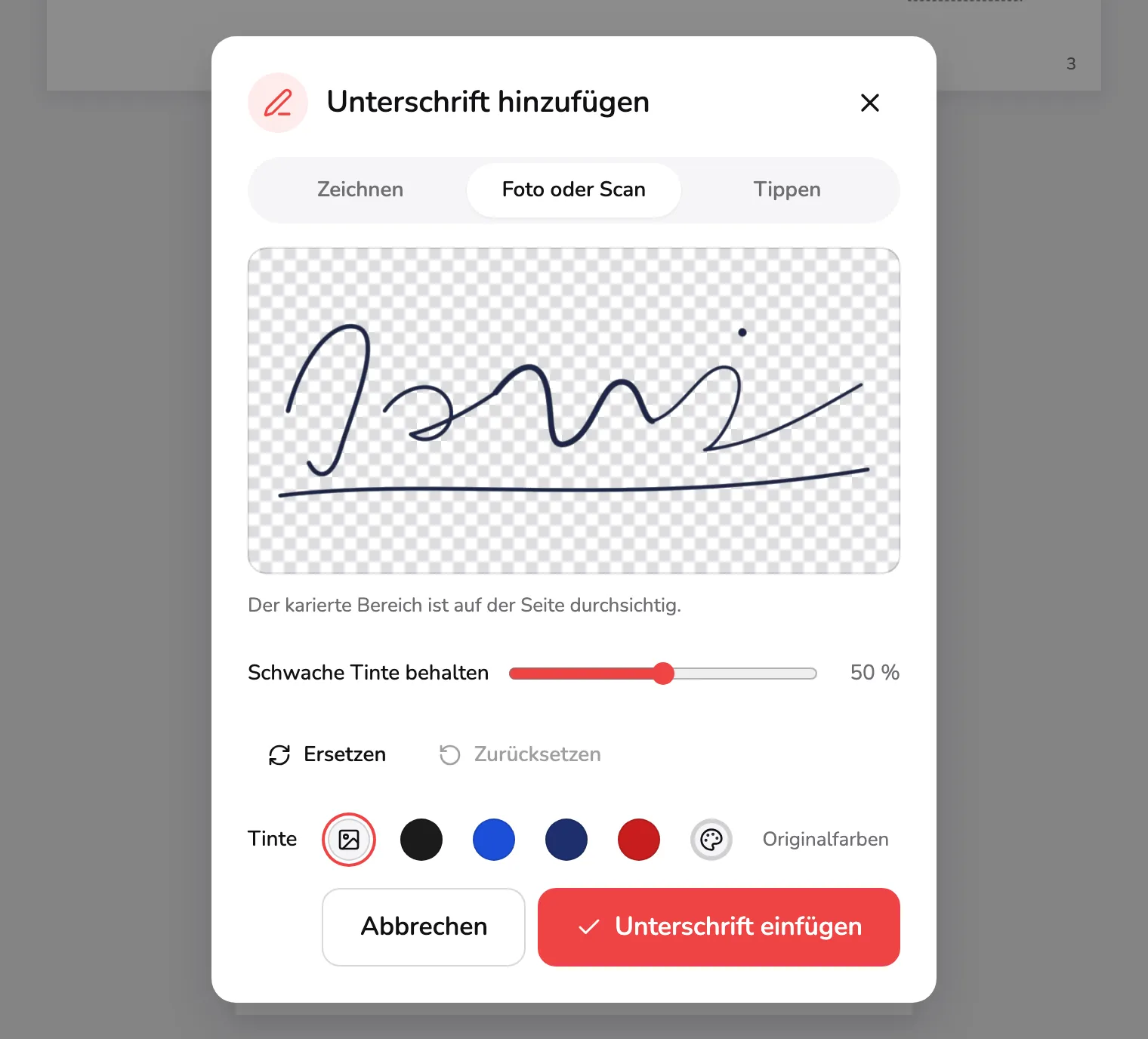 Derselbe Dialog auf Foto oder Scan, nachdem das Beispielfoto geladen wurde: die Unterschrift ohne Papier auf einem Karomuster bei Markierung 1, der Regler Schwache Tinte behalten bei Markierung 2, Ersetzen und Zurücksetzen bei Markierung 3 und die Tintenzeile bei Markierung 4.