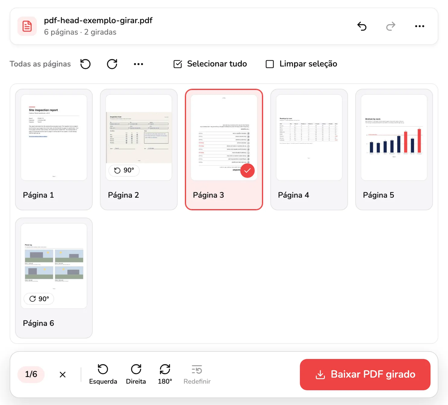 A página 3, de cabeça para baixo, selecionada com um visto no marcador 1, e a barra no pé da grade com 1/6, Esquerda, Direita, 180° no marcador 2 e Redefinir, ao lado de Baixar PDF girado.