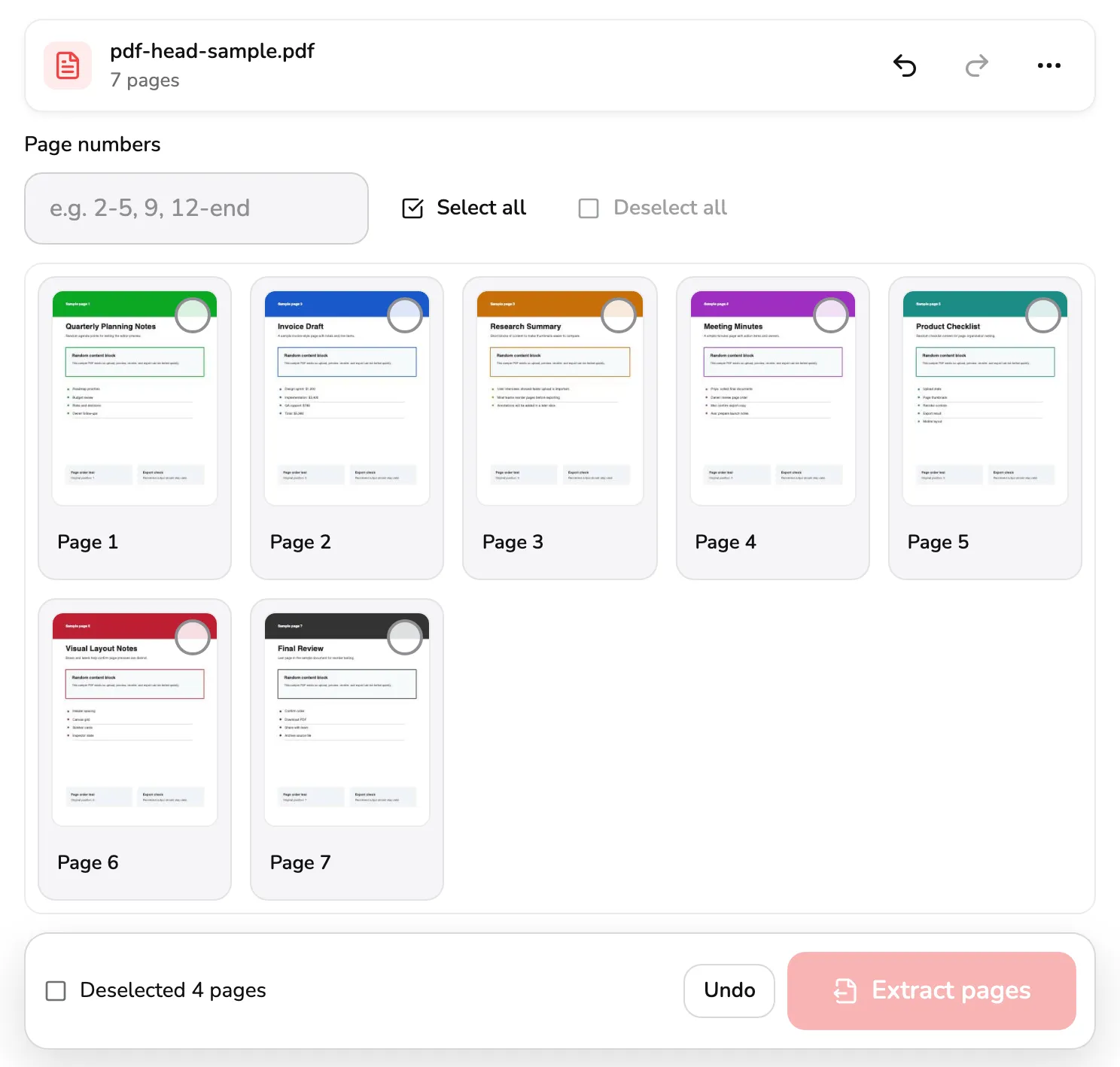 The workspace after Deselect all: no page selected, Undo in the top bar marked 1, the message Deselected 4 pages with its Undo marked 2, and the faded Extract pages button marked 3.