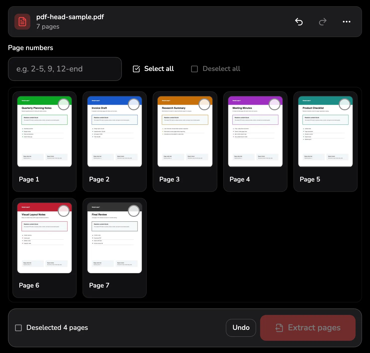 The workspace after Deselect all: no page selected, Undo in the top bar marked 1, the message Deselected 4 pages with its Undo marked 2, and the faded Extract pages button marked 3.