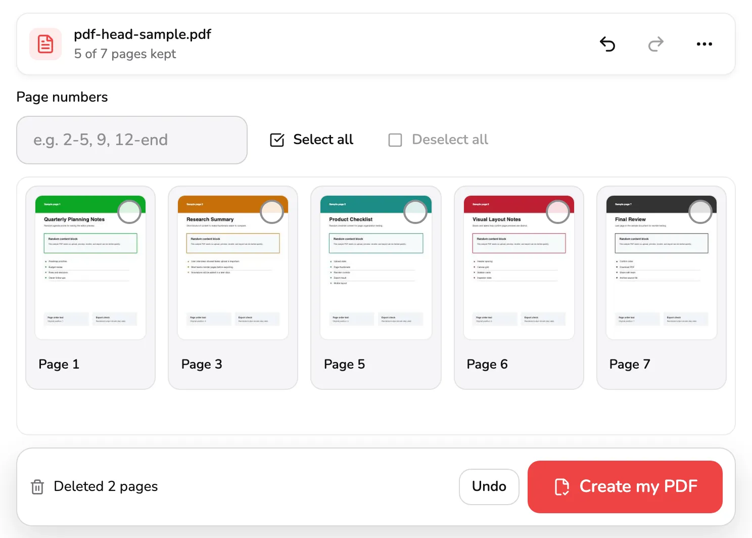 The workspace after pages 2 and 4 were deleted: 5 of 7 pages kept marked 1, Undo in the top bar marked 2, the label Page 3 marked 3, and the message Deleted 2 pages with its Undo marked 4, beside Create my PDF, marked 5.