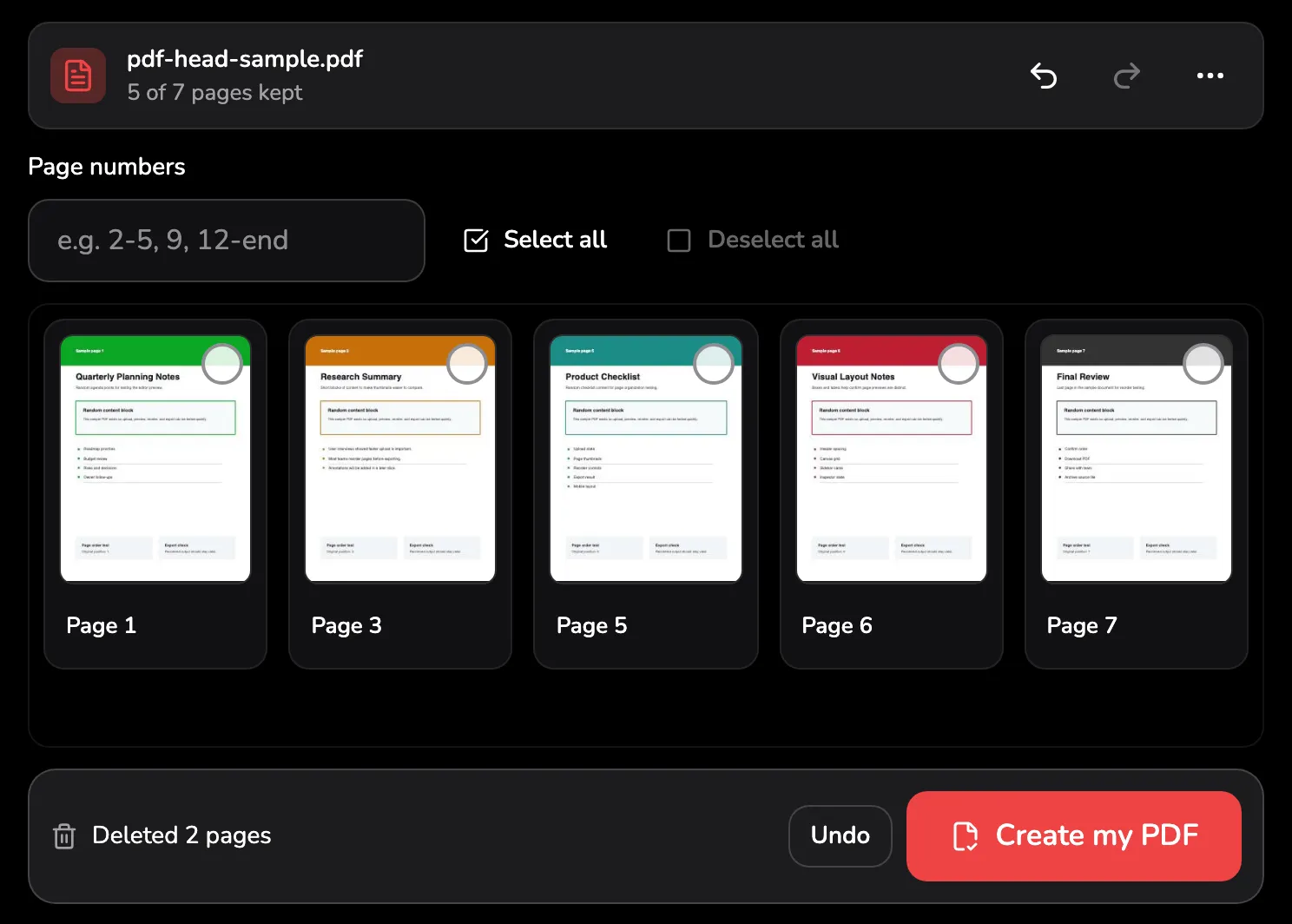 The workspace after pages 2 and 4 were deleted: 5 of 7 pages kept marked 1, Undo in the top bar marked 2, the label Page 3 marked 3, and the message Deleted 2 pages with its Undo marked 4, beside Create my PDF, marked 5.