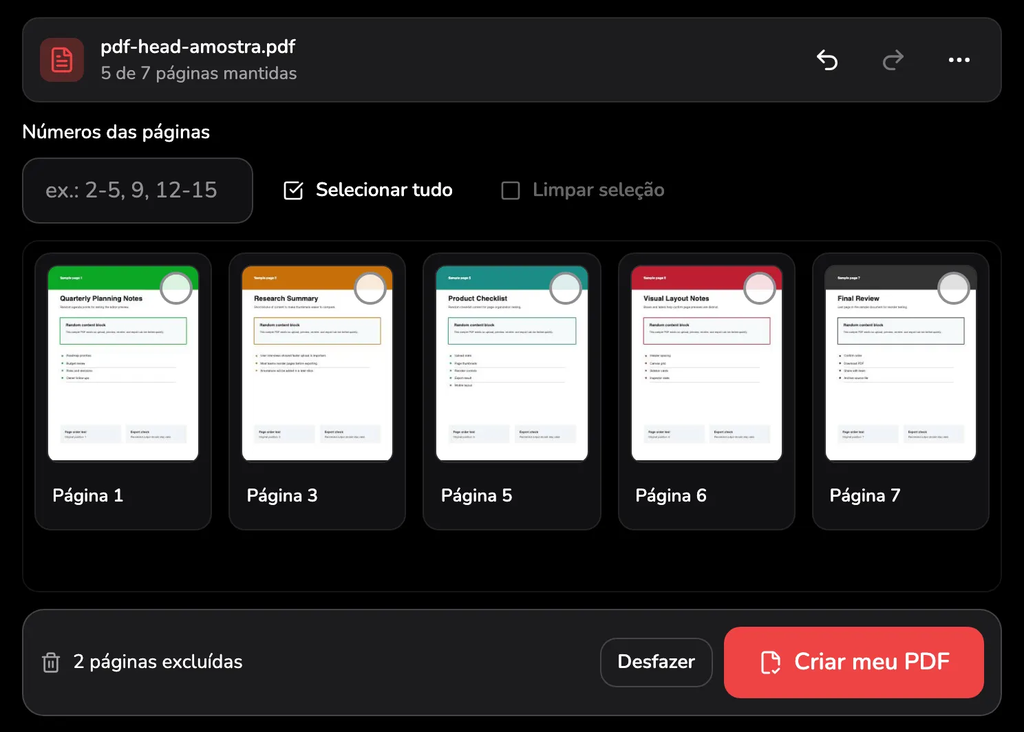 A área de trabalho depois de excluir as páginas 2 e 4: 5 de 7 páginas mantidas com o marcador 1, Desfazer na barra de cima com o marcador 2, o rótulo Página 3 com o marcador 3 e a mensagem 2 páginas excluídas com seu Desfazer, marcador 4, ao lado de Criar meu PDF, marcador 5.