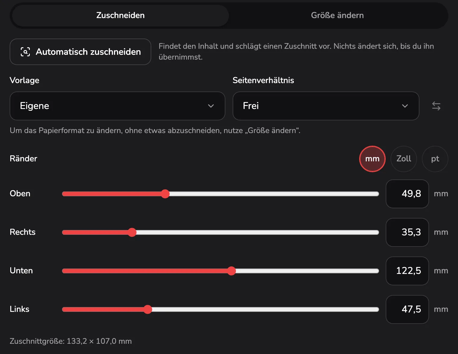 Der Tab Zuschneiden: Vorlage auf Eigene als Markierung 1, Seitenverhältnis auf Frei als 2, die Einheiten mm, Zoll und pt als 3, der Regler für den oberen Rand als 4 und die Zuschnittgröße als 5.
