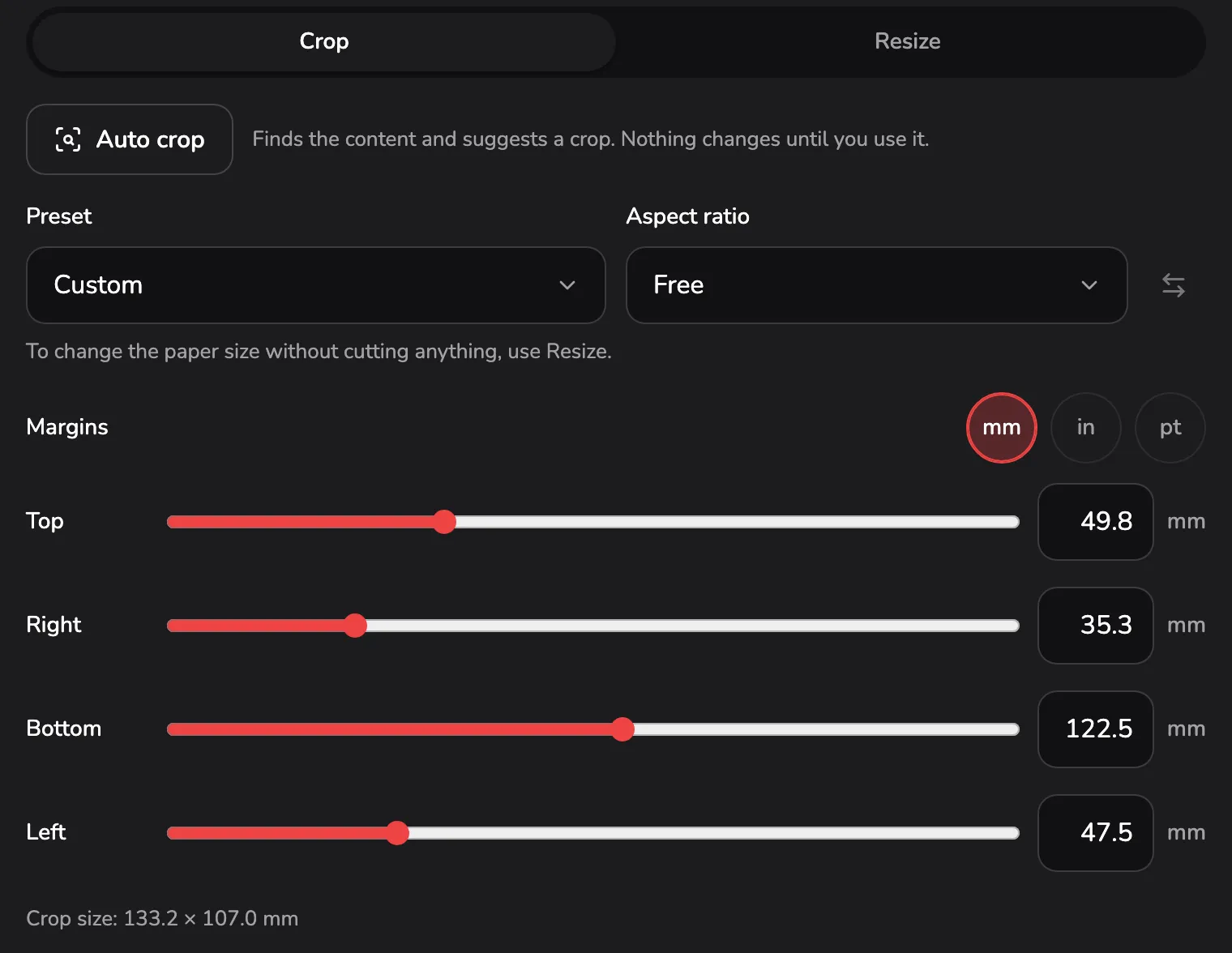 The Crop tab: Preset set to Custom marked 1, Aspect ratio set to Free marked 2, the mm, in and pt choices marked 3, the Top margin slider marked 4 and the crop size line marked 5.
