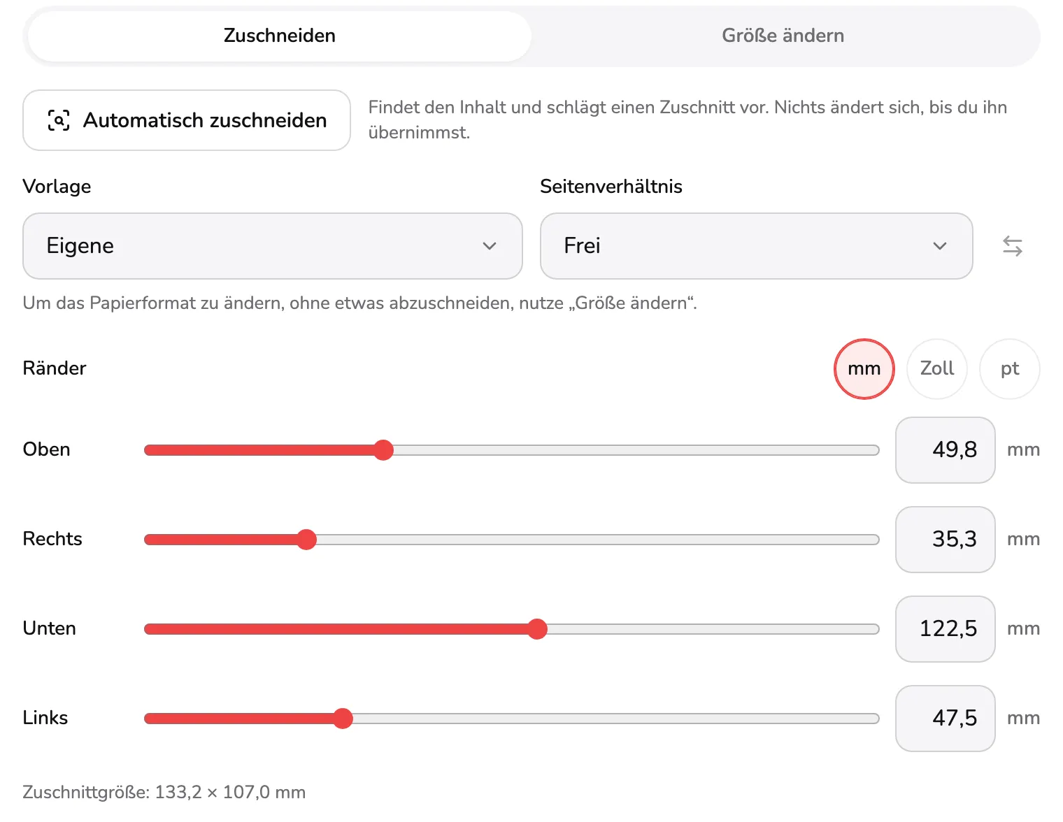 Der Tab Zuschneiden: Vorlage auf Eigene als Markierung 1, Seitenverhältnis auf Frei als 2, die Einheiten mm, Zoll und pt als 3, der Regler für den oberen Rand als 4 und die Zuschnittgröße als 5.
