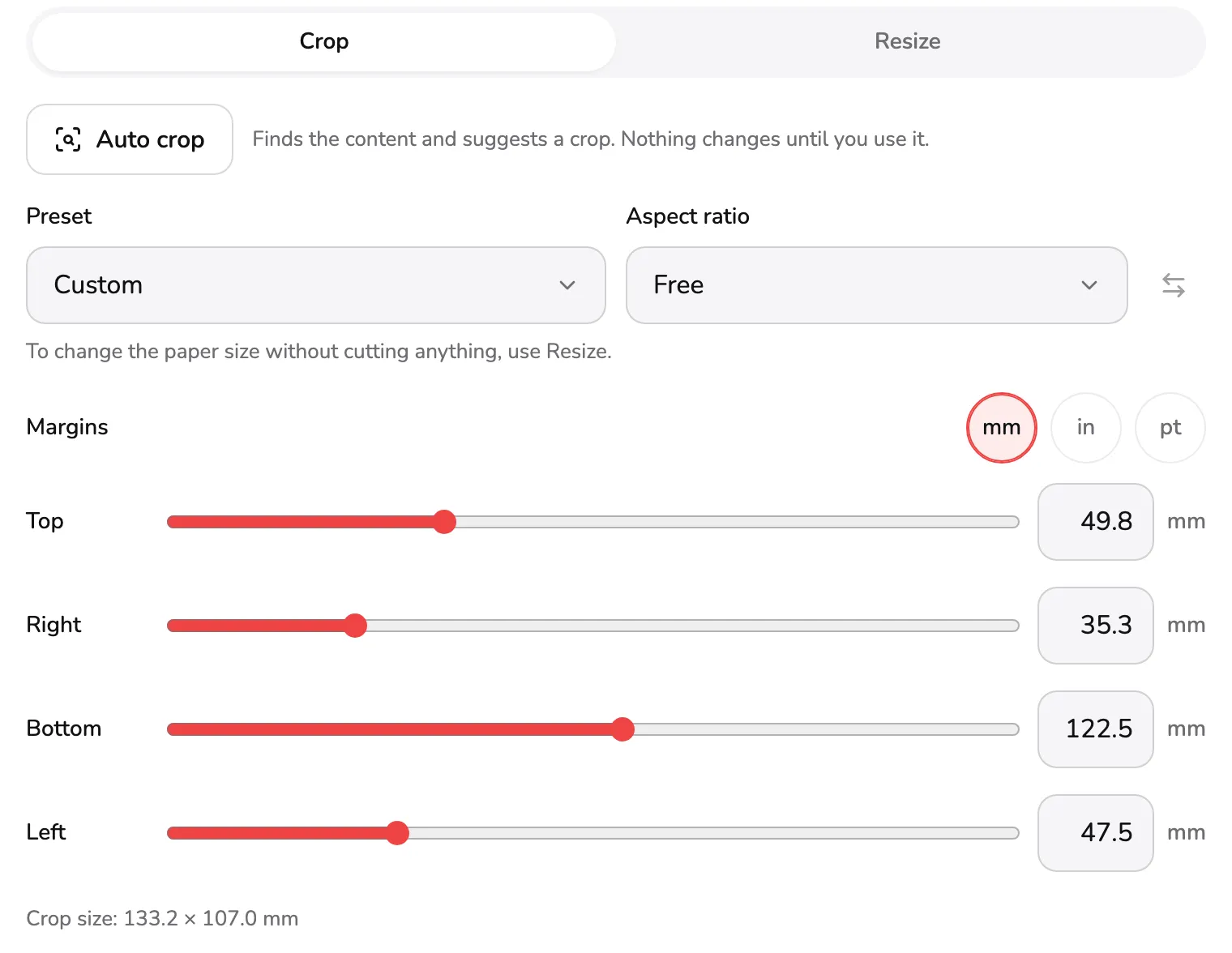 The Crop tab: Preset set to Custom marked 1, Aspect ratio set to Free marked 2, the mm, in and pt choices marked 3, the Top margin slider marked 4 and the crop size line marked 5.