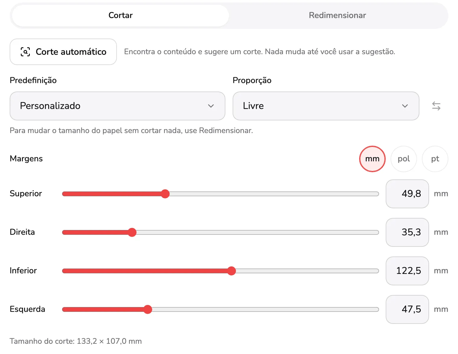 A aba Cortar: Predefinição em Personalizado no marcador 1, Proporção em Livre no 2, as unidades mm, pol e pt no 3, o controle da margem superior no 4 e a linha do tamanho do corte no 5.