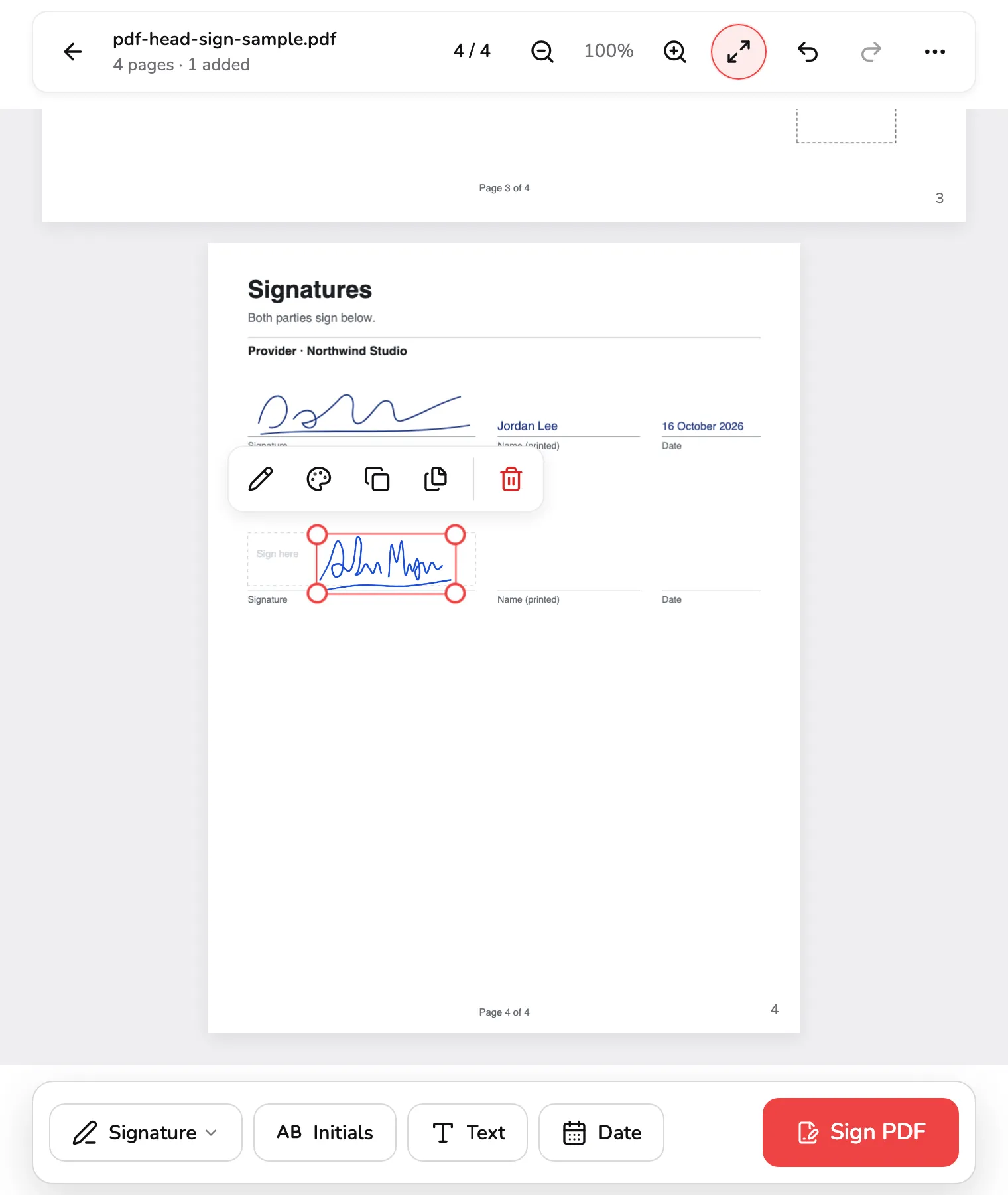 Page 4 with the signature selected on the client's line: its frame with a handle on every corner marked 1, the floating toolbar above it marked 2, and Undo, Redo and More actions in the top bar marked 3.