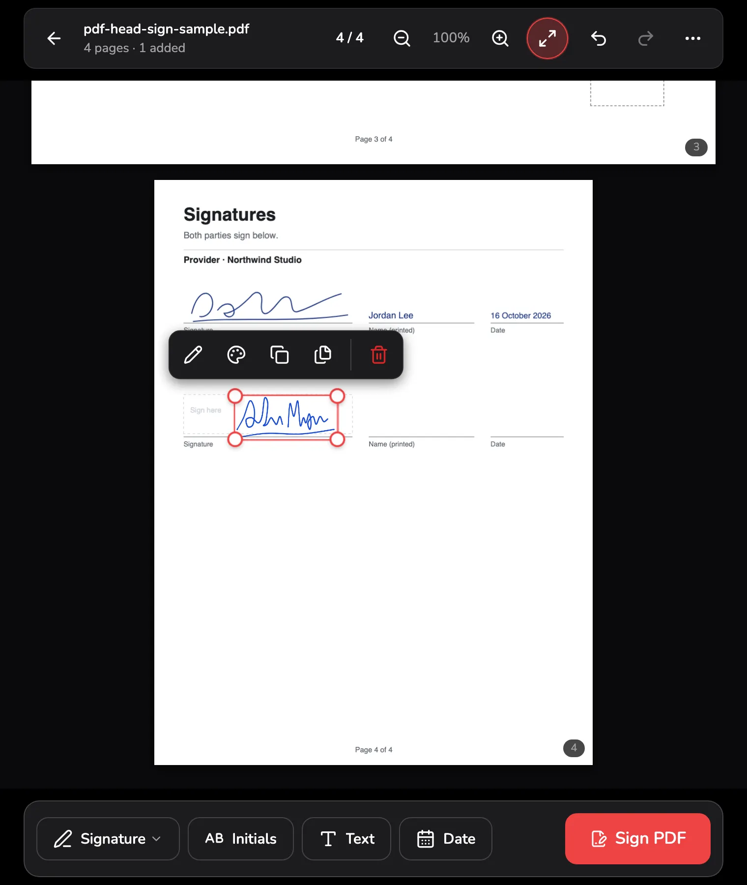 Page 4 with the signature selected on the client's line: its frame with a handle on every corner marked 1, the floating toolbar above it marked 2, and Undo, Redo and More actions in the top bar marked 3.