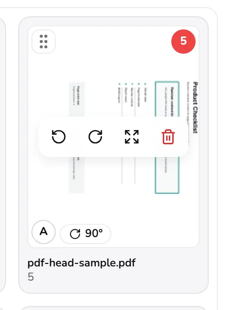 One page card with its hover toolbar open, showing rotate-left, rotate-right, expand and delete buttons, and a 90-degree rotation badge in its corner.
