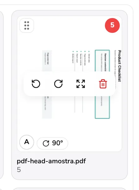Um cartão de página com sua barra de ferramentas aberta ao passar o mouse, mostrando girar à esquerda, girar à direita, expandir e excluir, além de um selo de 90 graus no canto.