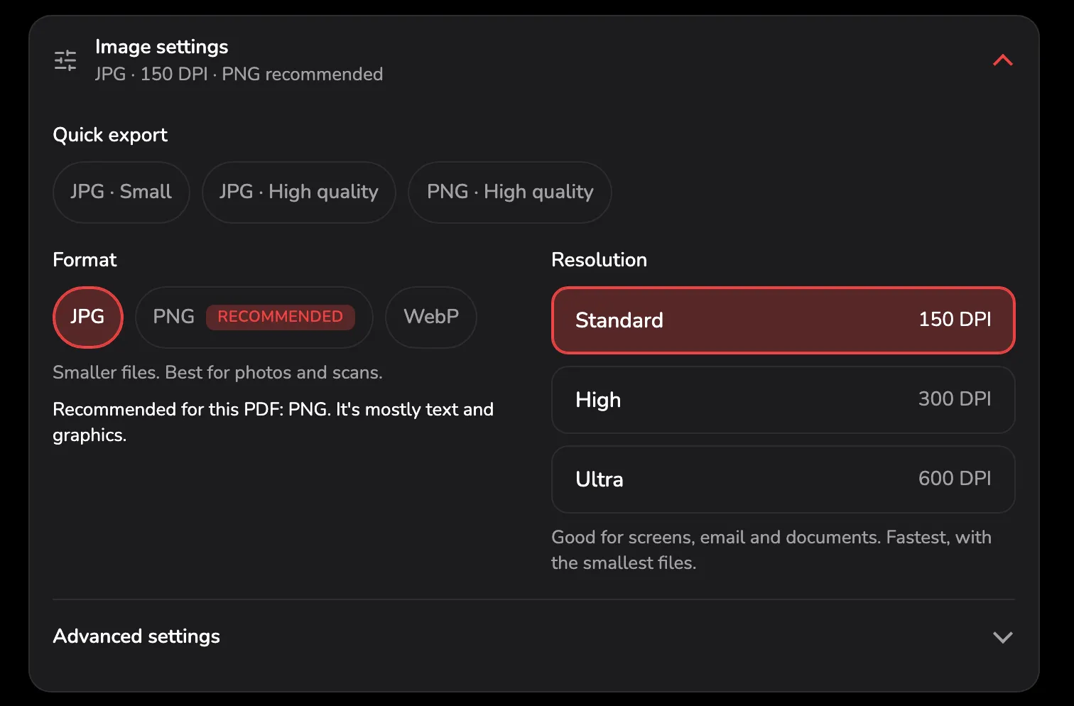 The Image settings card: the summary JPG · 150 DPI · PNG recommended marked 1, Quick export 2, Format with PNG tagged Recommended 3, Resolution 4 and Advanced settings 5.