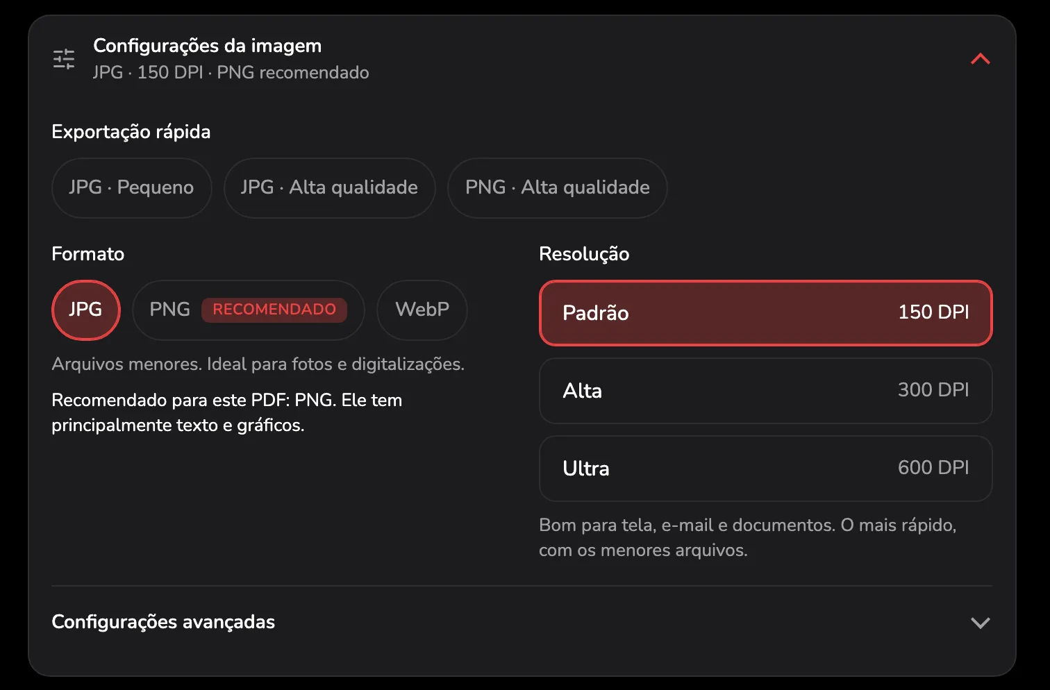 O cartão Configurações da imagem: o resumo JPG · 150 DPI · PNG recomendado com o marcador 1, Exportação rápida 2, Formato com PNG marcado como Recomendado 3, Resolução 4 e Configurações avançadas 5.