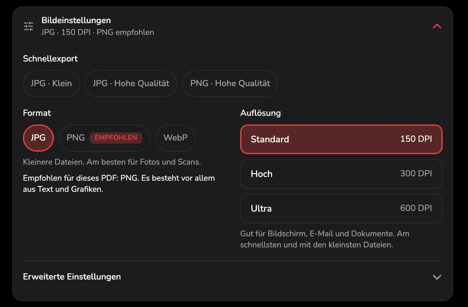 Die Karte Bildeinstellungen: die Zusammenfassung JPG · 150 DPI · PNG empfohlen mit Markierung 1, Schnellexport 2, Format mit PNG als Empfohlen 3, Auflösung 4 und Erweiterte Einstellungen 5.