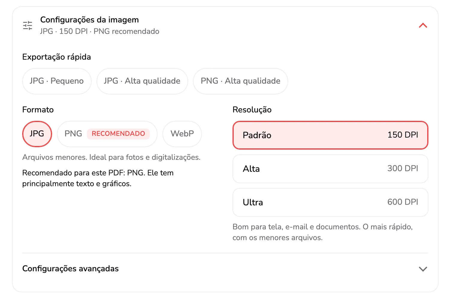 O cartão Configurações da imagem: o resumo JPG · 150 DPI · PNG recomendado com o marcador 1, Exportação rápida 2, Formato com PNG marcado como Recomendado 3, Resolução 4 e Configurações avançadas 5.