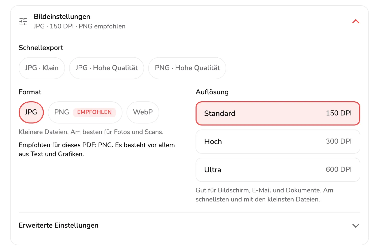 Die Karte Bildeinstellungen: die Zusammenfassung JPG · 150 DPI · PNG empfohlen mit Markierung 1, Schnellexport 2, Format mit PNG als Empfohlen 3, Auflösung 4 und Erweiterte Einstellungen 5.