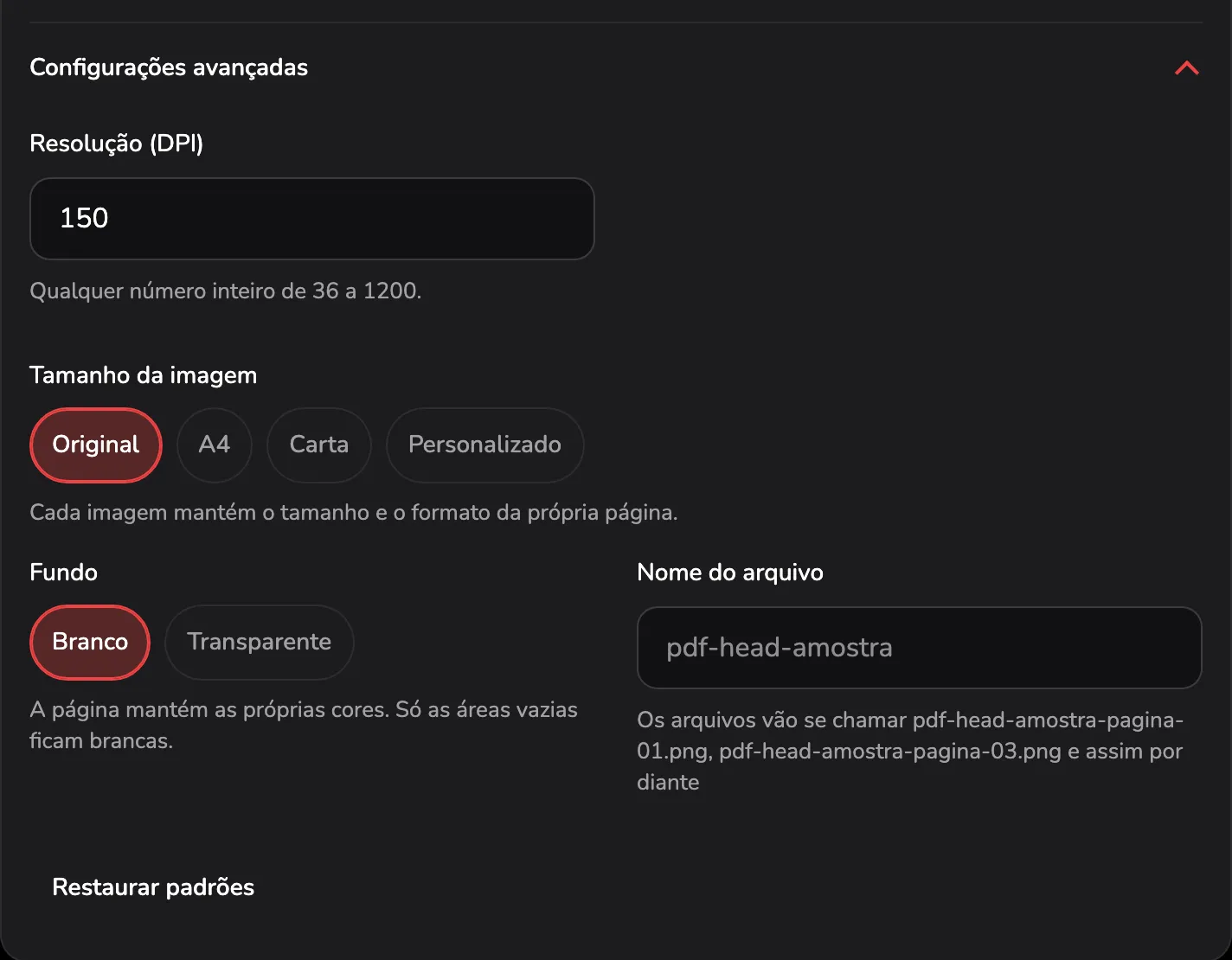 As configurações avançadas abertas com PNG: o campo Resolução (DPI) com o marcador 1, Tamanho da imagem 2, Fundo 3, o campo Nome do arquivo 4 e Restaurar padrões 5.