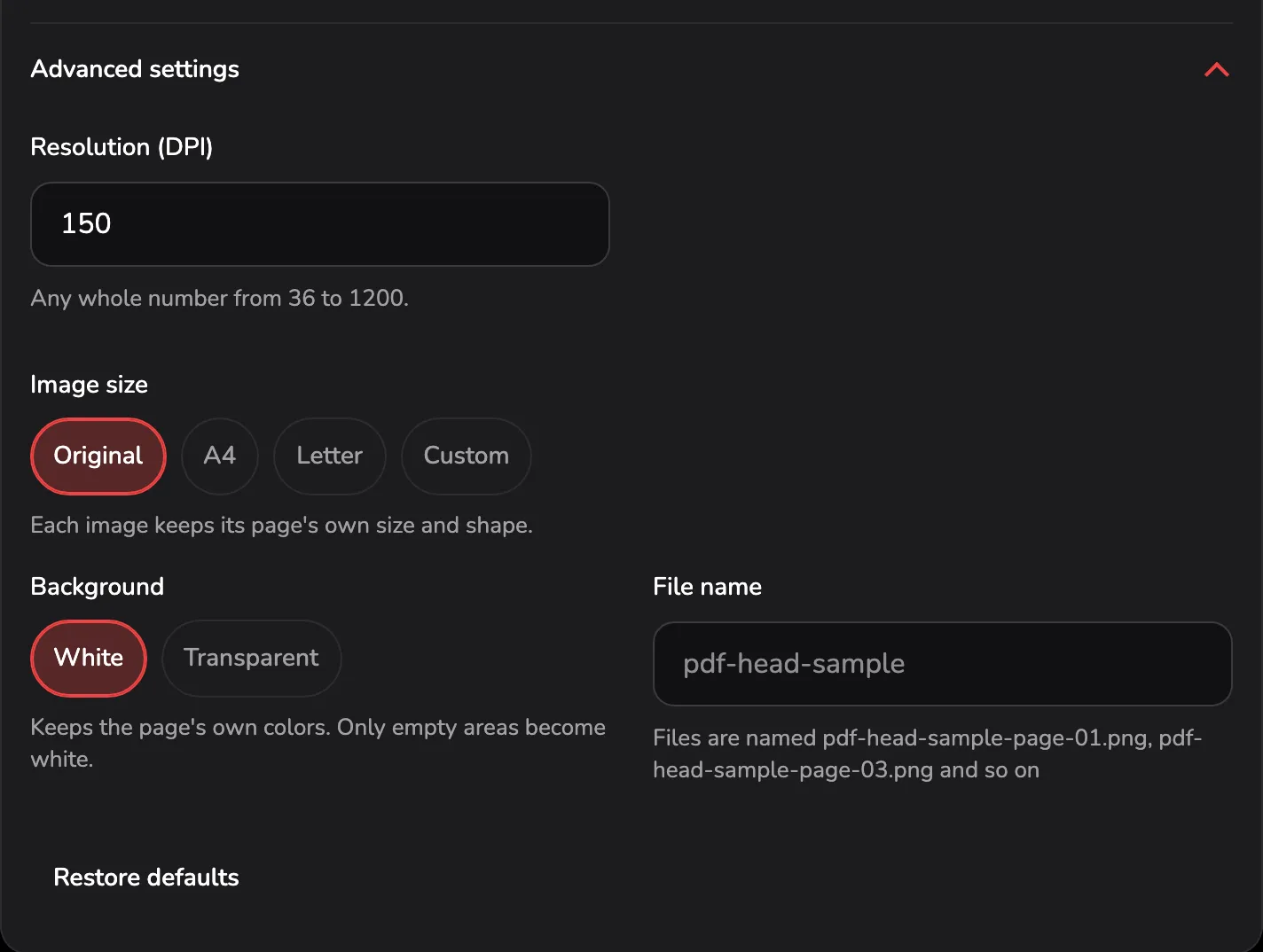 Advanced settings open with PNG chosen: the Resolution (DPI) field marked 1, Image size chips 2, Background chips 3, the File name field 4 and Restore defaults 5.