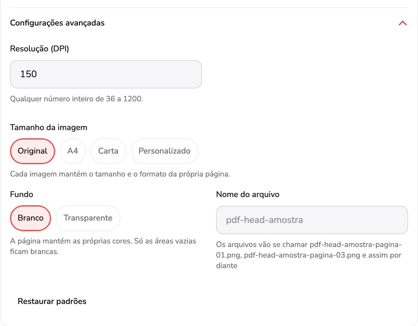 As configurações avançadas abertas com PNG: o campo Resolução (DPI) com o marcador 1, Tamanho da imagem 2, Fundo 3, o campo Nome do arquivo 4 e Restaurar padrões 5.