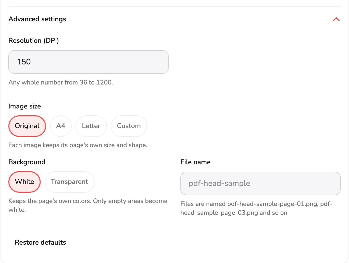 Advanced settings open with PNG chosen: the Resolution (DPI) field marked 1, Image size chips 2, Background chips 3, the File name field 4 and Restore defaults 5.