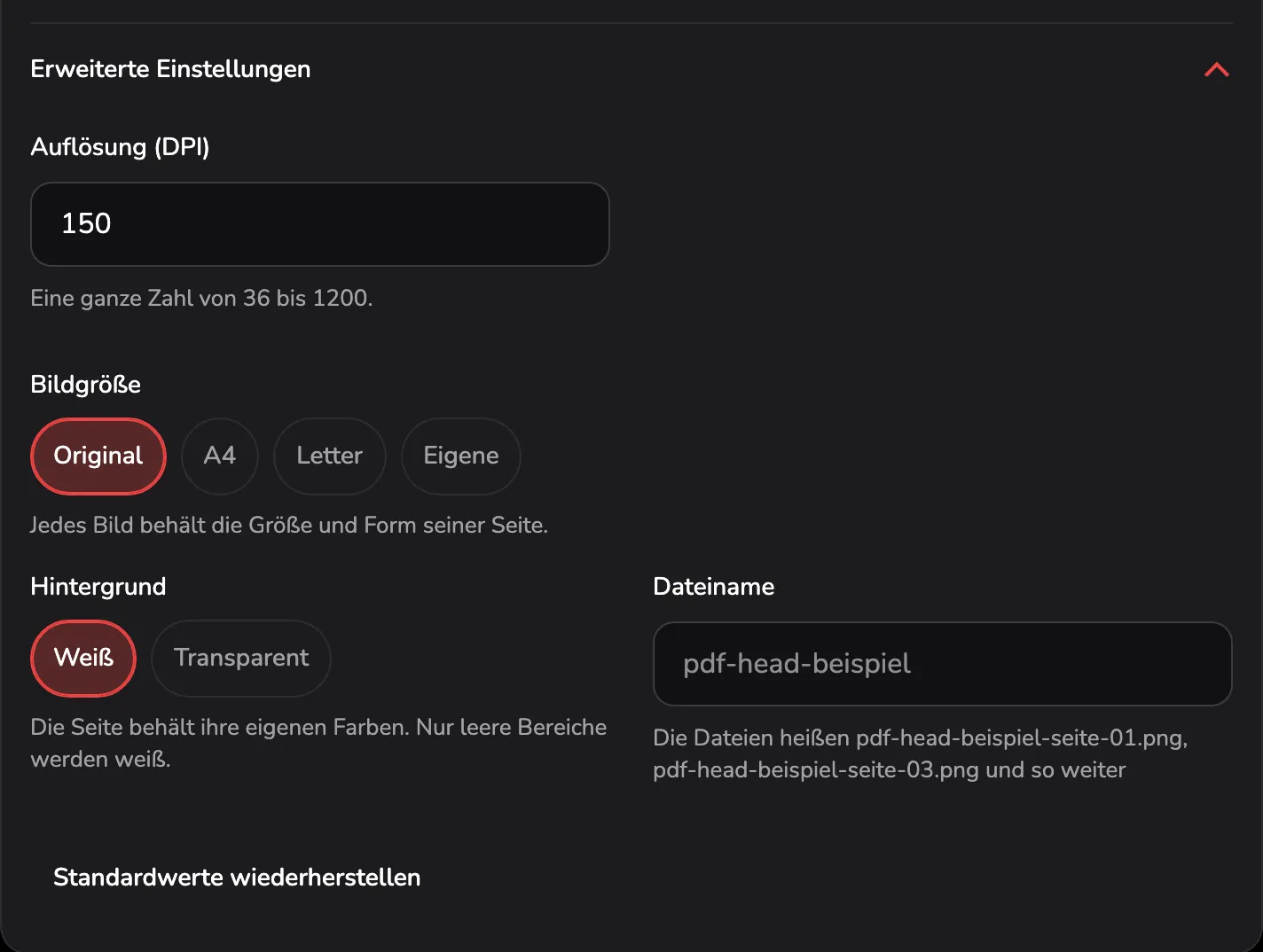 Die erweiterten Einstellungen mit PNG: das Feld Auflösung (DPI) mit Markierung 1, die Bildgröße 2, der Hintergrund 3, das Feld Dateiname 4 und Standardwerte wiederherstellen 5.