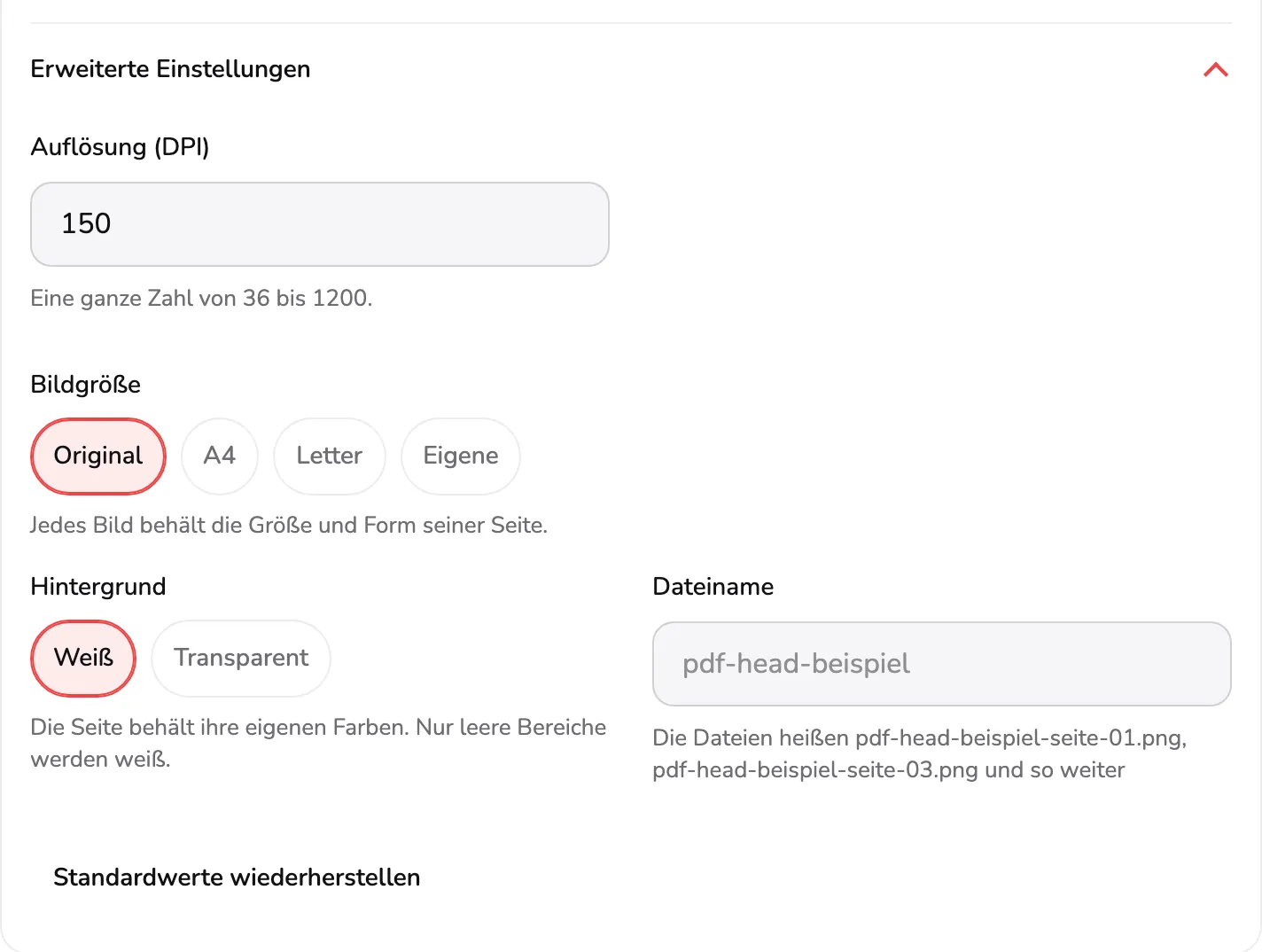 Die erweiterten Einstellungen mit PNG: das Feld Auflösung (DPI) mit Markierung 1, die Bildgröße 2, der Hintergrund 3, das Feld Dateiname 4 und Standardwerte wiederherstellen 5.