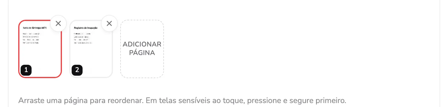 A faixa de páginas com duas páginas digitalizadas e o bloco Adicionar página. O marcador 1 fica em uma página e o marcador 2 em Adicionar página.
