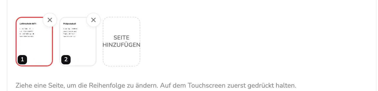 Die Seitenleiste mit zwei gescannten Seiten und der Kachel Seite hinzufügen. Markierung 1 liegt auf einer Seite, Markierung 2 auf Seite hinzufügen.