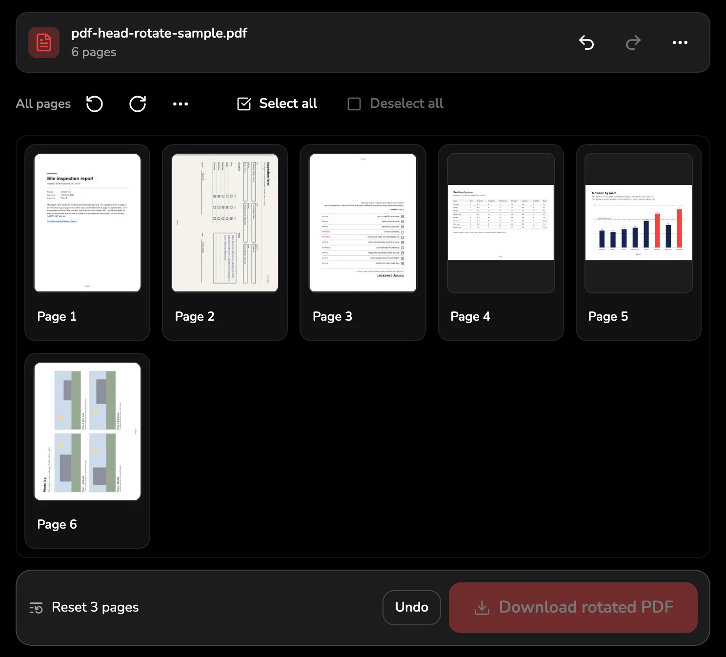 The workspace after Reset all rotations: pages 2, 3 and 6 back on their side or upside down, Undo in the top bar marked 1, the message Reset 3 pages with its Undo marked 2, and the faded Download rotated PDF button marked 3.