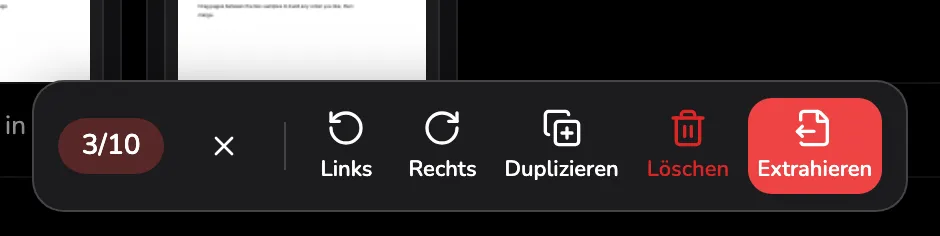 Die schwebende Auswahlleiste für drei ausgewählte Seiten, mit Marker 1 auf der Anzahl samt Löschen-Button, Marker 2 auf Duplizieren, Marker 3 auf Löschen und Marker 4 auf Extrahieren.