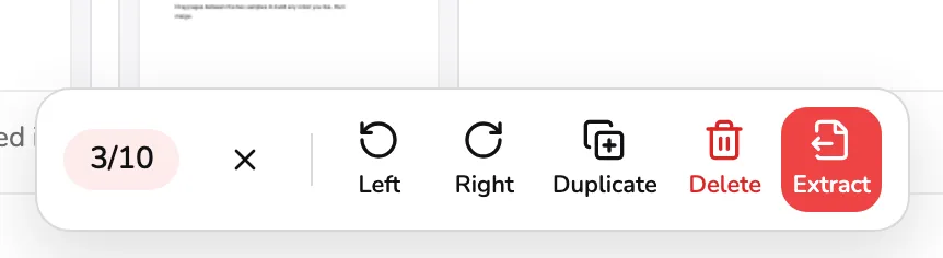 The floating selection bar for three selected pages, with marker 1 on the count and clear button, marker 2 on Duplicate, marker 3 on Delete, and marker 4 on Extract.