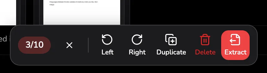 The floating selection bar for three selected pages, with marker 1 on the count and clear button, marker 2 on Duplicate, marker 3 on Delete, and marker 4 on Extract.
