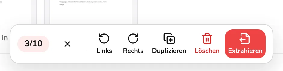 Die schwebende Auswahlleiste für drei ausgewählte Seiten, mit Marker 1 auf der Anzahl samt Löschen-Button, Marker 2 auf Duplizieren, Marker 3 auf Löschen und Marker 4 auf Extrahieren.
