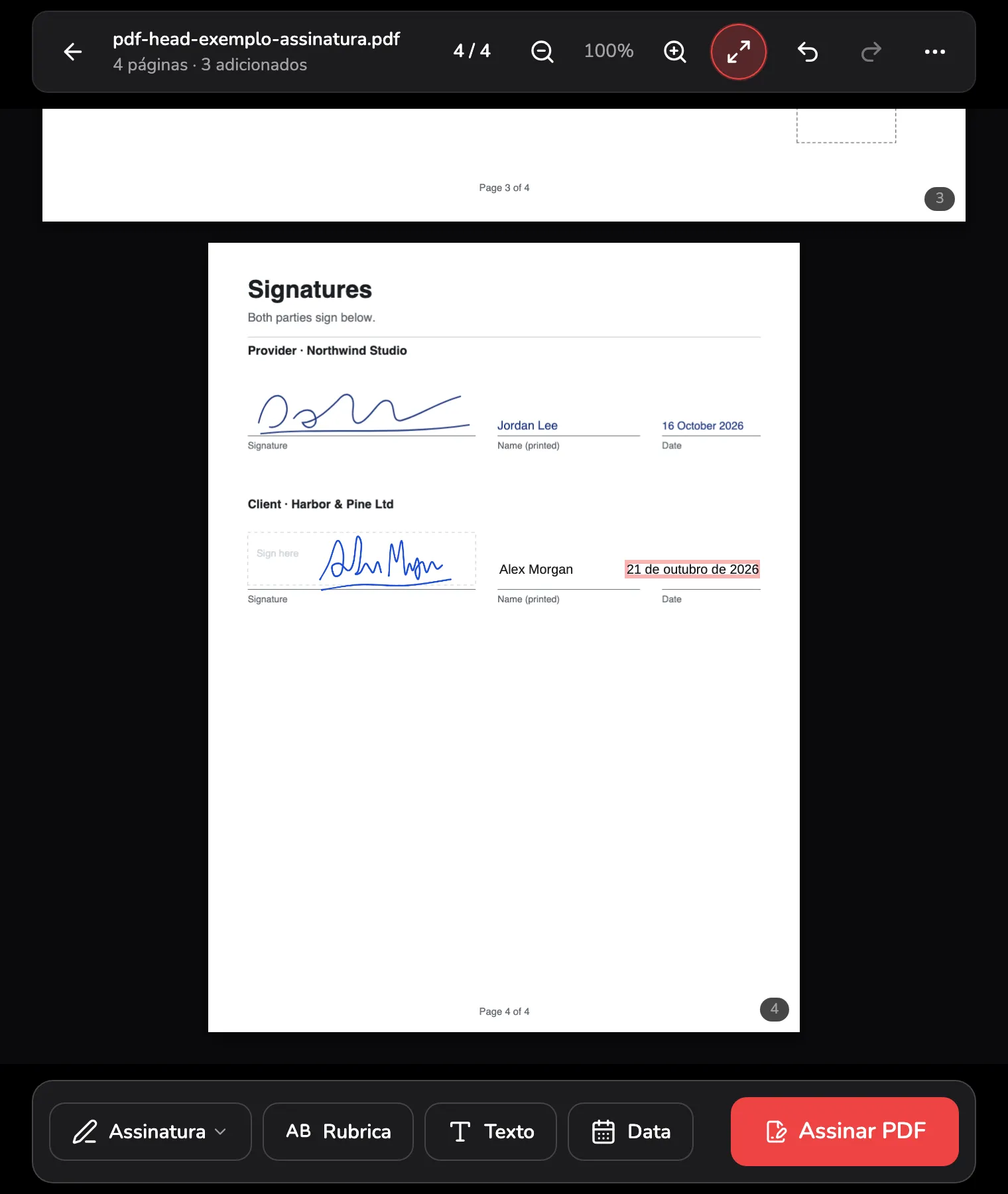 O bloco de assinatura pronto: um nome em letra de forma, digitado na linha do nome, no marcador 1, a data de hoje na linha da data, no marcador 2, e o grupo de botões Assinatura, Rubrica, Texto e Data na barra de baixo, no marcador 3.