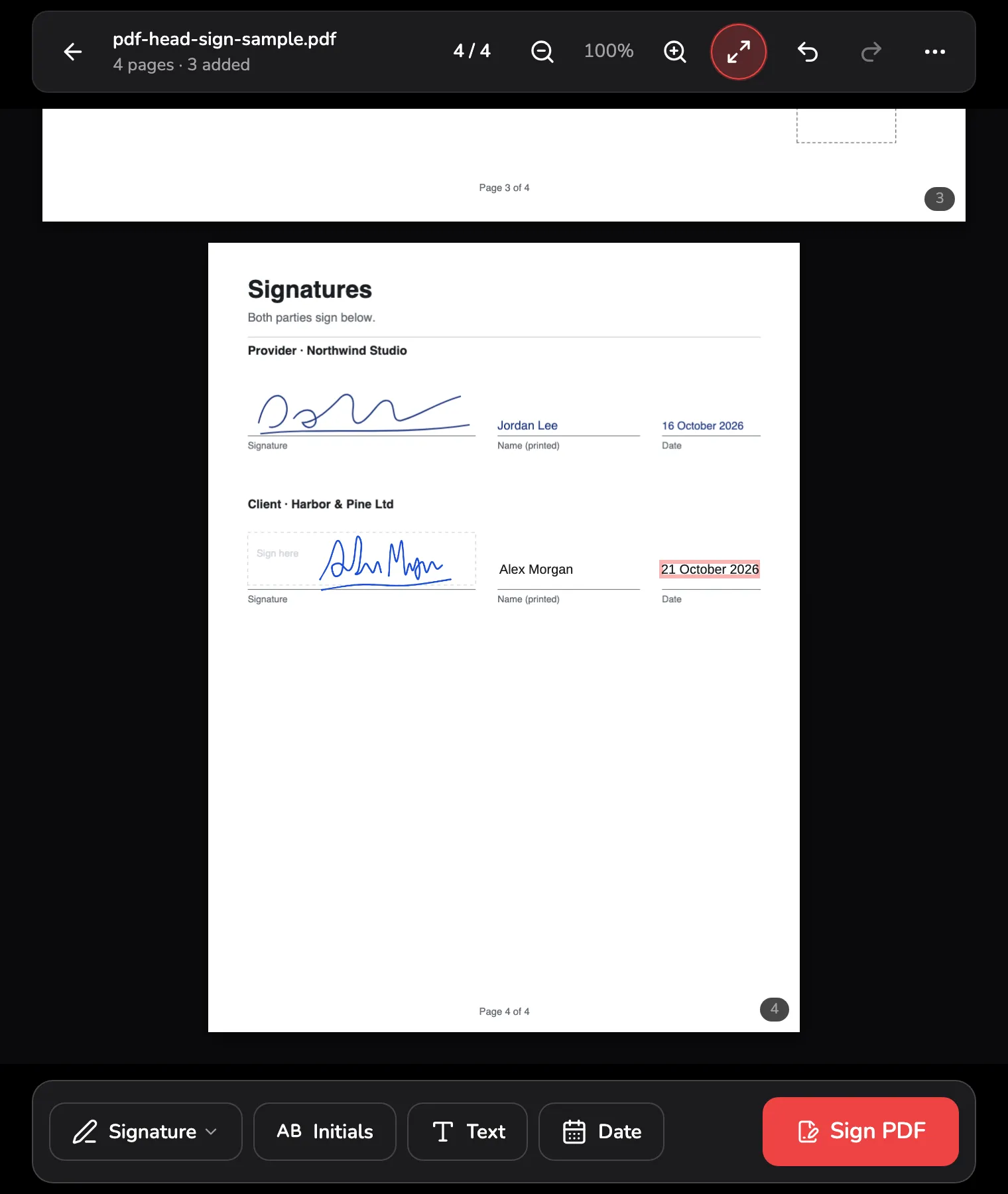 The signature block finished: a printed name typed on the name line, marked 1, today's date on the date line, marked 2, and the group of Signature, Initials, Text and Date buttons in the bar at the bottom, marked 3.