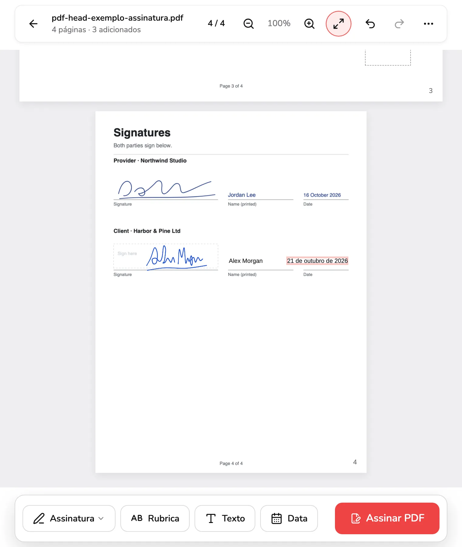 O bloco de assinatura pronto: um nome em letra de forma, digitado na linha do nome, no marcador 1, a data de hoje na linha da data, no marcador 2, e o grupo de botões Assinatura, Rubrica, Texto e Data na barra de baixo, no marcador 3.