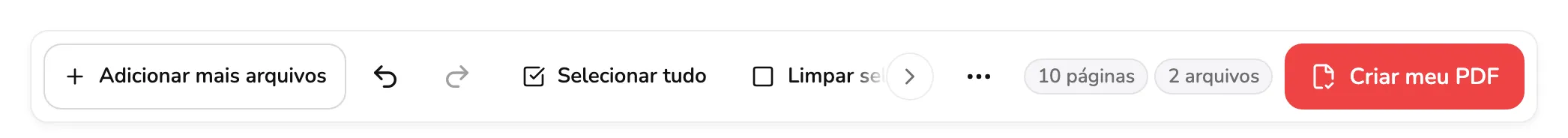 A barra de comandos acima da grade, com marcador 1 em adicionar arquivos e desfazer/refazer, marcador 2 nas ferramentas para a grade inteira, marcador 3 na contagem de páginas e arquivos, e marcador 4 em Criar meu PDF.