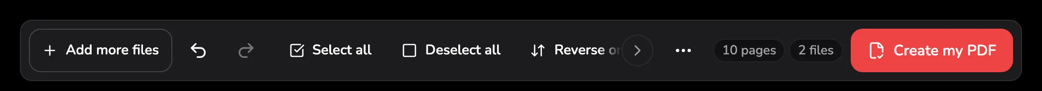 The command bar above the grid, with marker 1 on adding files and undo/redo, marker 2 on the whole-grid tools, marker 3 on the page and file counts, and marker 4 on Create my PDF.